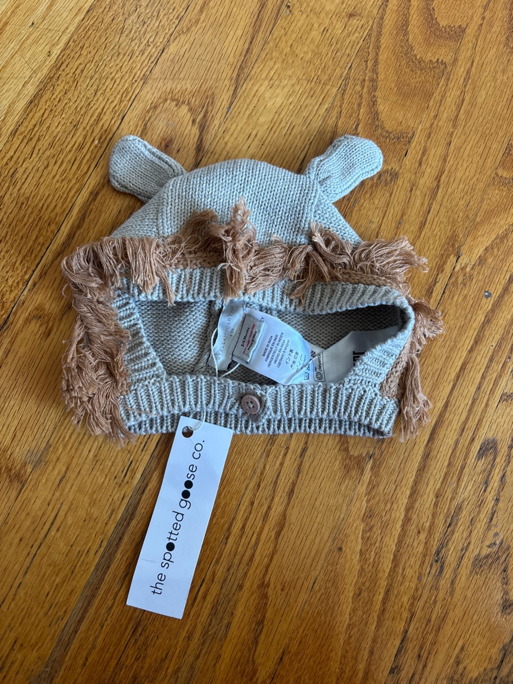 Stella McCartney Kids Beige Knit Hat with Tan Fringe and Ears